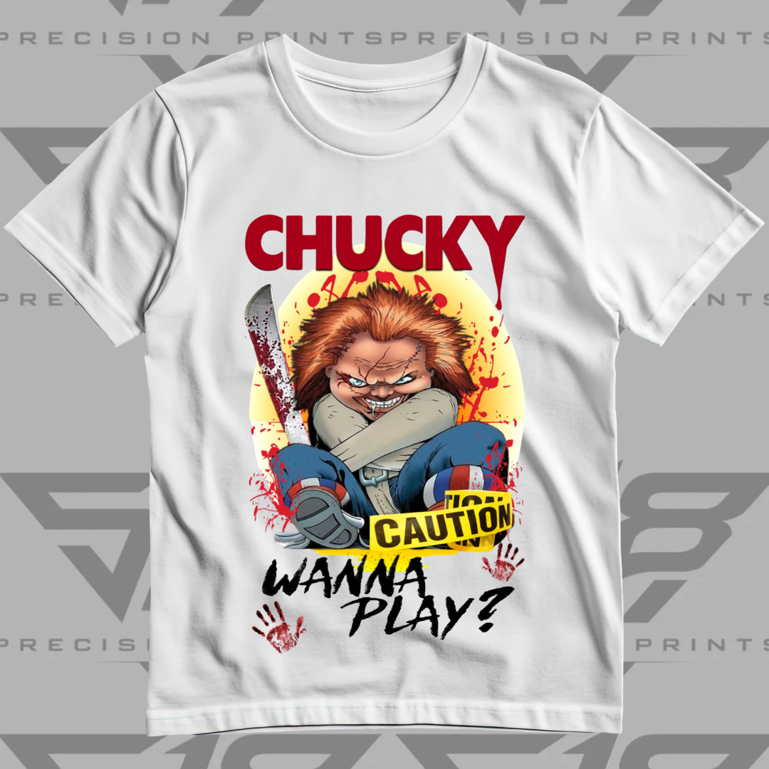 Chucky “Wanna Play?” Horror Graphic T-Shirt | Vintage Slasher Movie Inspired Tee | Halloween Unisex Graphic Shirt
