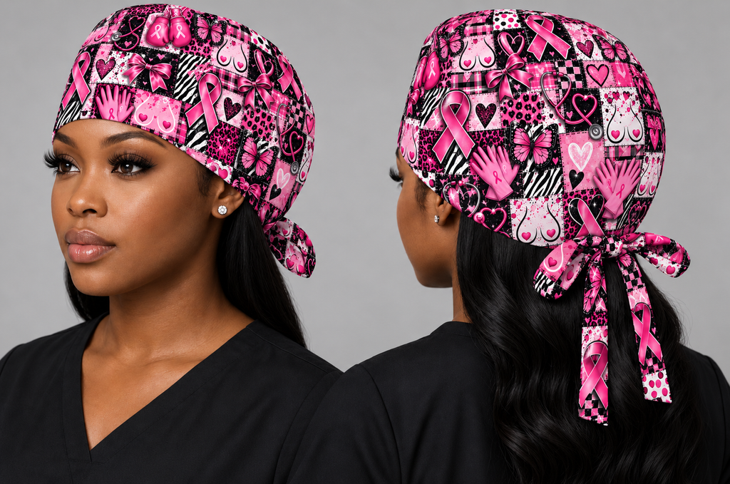 Pink Patchwork Breast Cancer Awareness Scrub Cap | Pink Ribbon Tie Back Surgical Cap | Breast Cancer Nurse Scrub Hat | Healthcare Gift